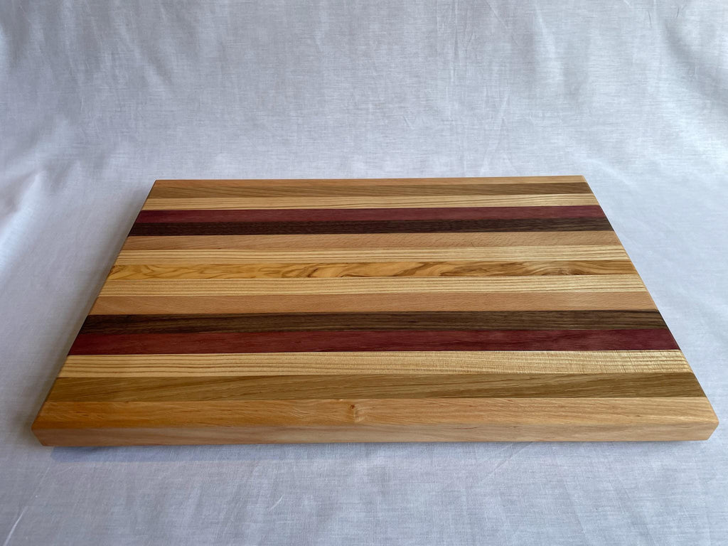 Handmade Wooden Chopping Board, 7 Hardwoods: Walnut, Olive, Cherry, Purpleheart | Large 44.5 × 29.5 cm | Wild Thing