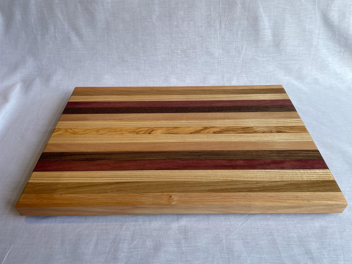 Handmade Wooden Chopping Board, 7 Hardwoods: Walnut, Olive, Cherry, Purpleheart | Large 44.5 × 29.5 cm | Wild Thing