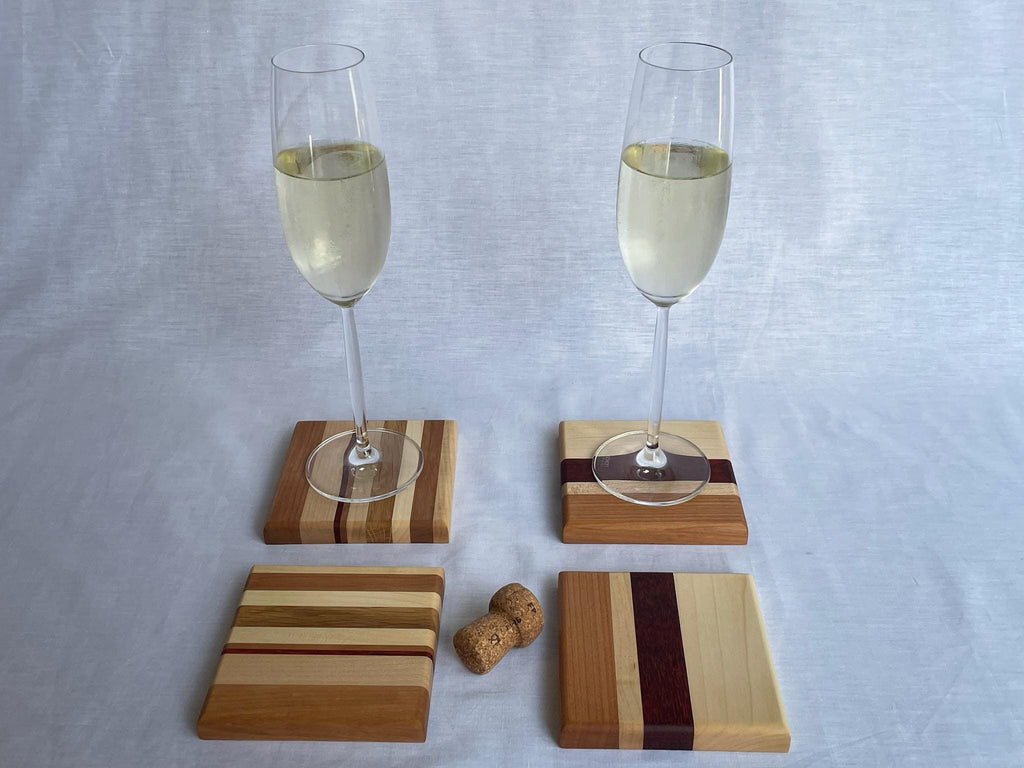 Wooden Coaster Set of 4, Handmade Six-Wood Drink Coasters in Ash, Cherry, Maple, Oak & Padauk, Housewarming Gift, Made in the Netherlands