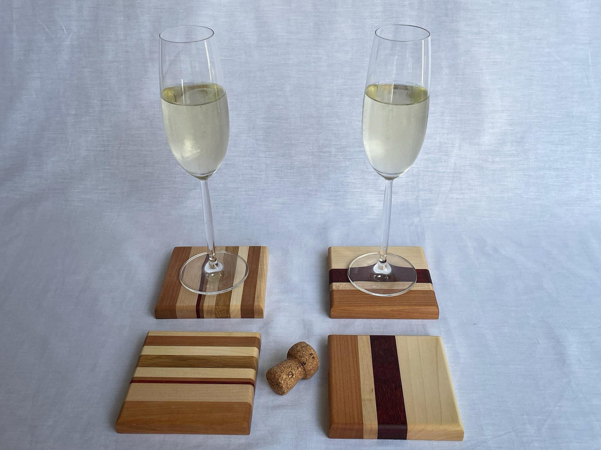 Wooden Coaster Set of 4, Handmade Six-Wood Drink Coasters in Ash, Cherry, Maple, Oak & Padauk, Housewarming Gift, Made in the Netherlands