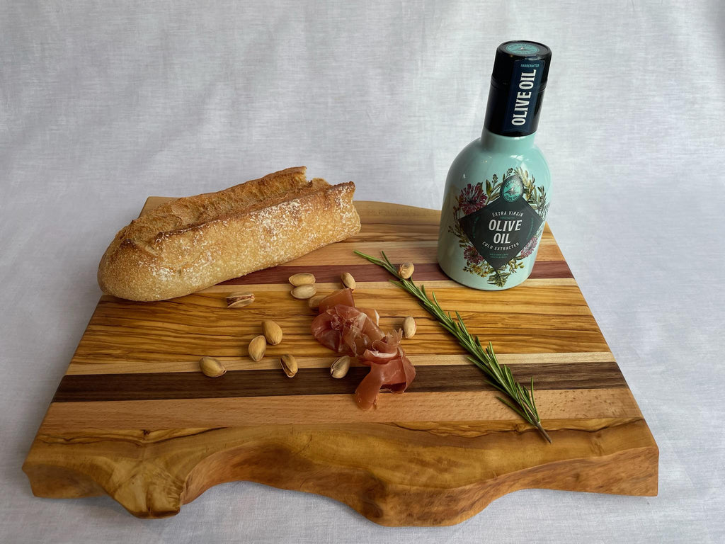 Handmade Live-Edge Olive Cutting Board, 5 Hardwoods: Olive, Walnut, Maple, Purpleheart | Charcuterie Serving Board | Athena