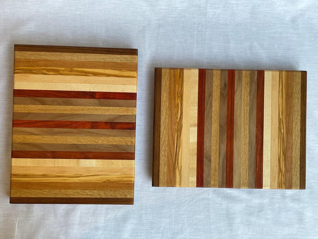 The Twins Cutting Board Set, Two Matching Eight-Wood Boards in Oak, Walnut, Cherry, Padauk, Olive, Handmade Gift, Made in the Netherlands