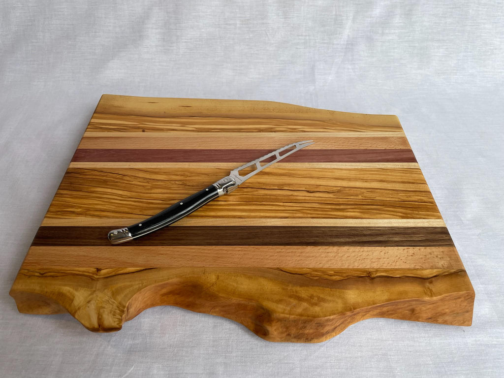 Handmade Live-Edge Olive Cutting Board, 5 Hardwoods: Olive, Walnut, Maple, Purpleheart | Charcuterie Serving Board | Athena