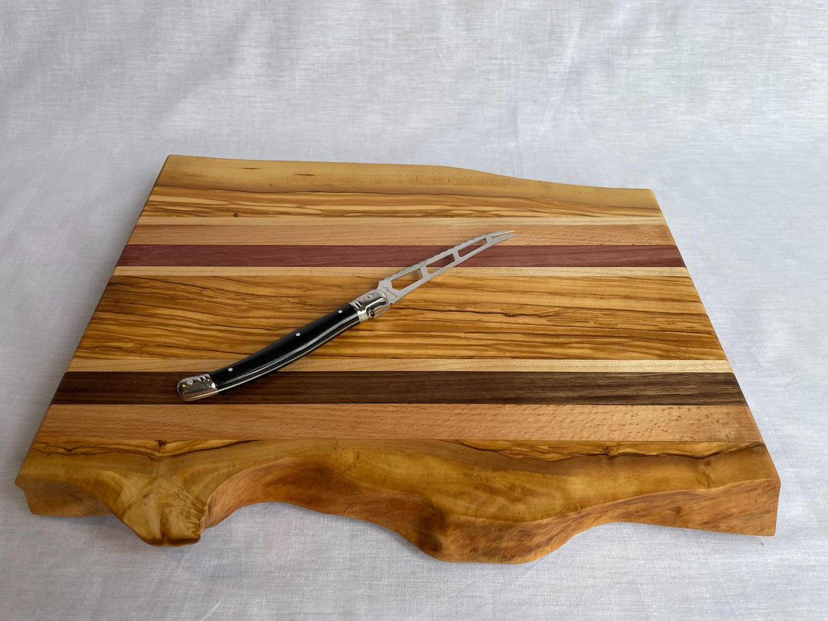 Handmade Live-Edge Olive Cutting Board, 5 Hardwoods: Olive, Walnut, Maple, Purpleheart | Charcuterie Serving Board | Athena