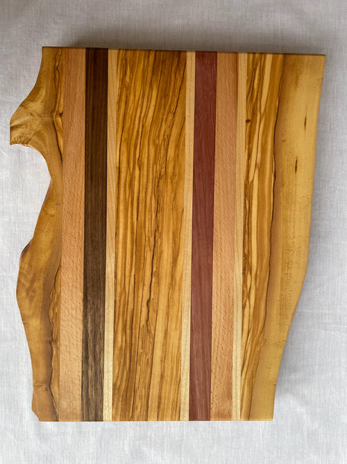 Handmade Live-Edge Olive Cutting Board, 5 Hardwoods: Olive, Walnut, Maple, Purpleheart | Charcuterie Serving Board | Athena