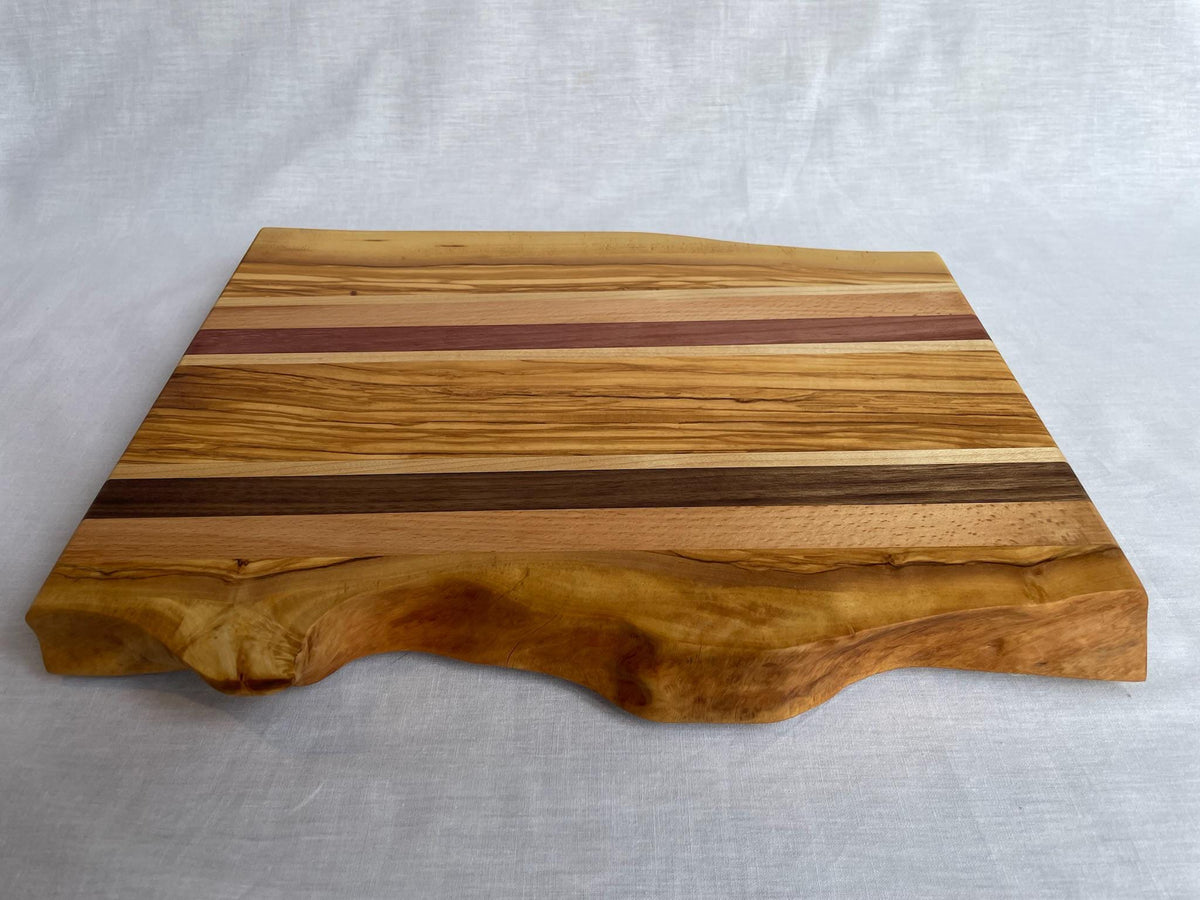 Handmade Live-Edge Olive Cutting Board, 5 Hardwoods: Olive, Walnut, Maple, Purpleheart | Charcuterie Serving Board | Athena