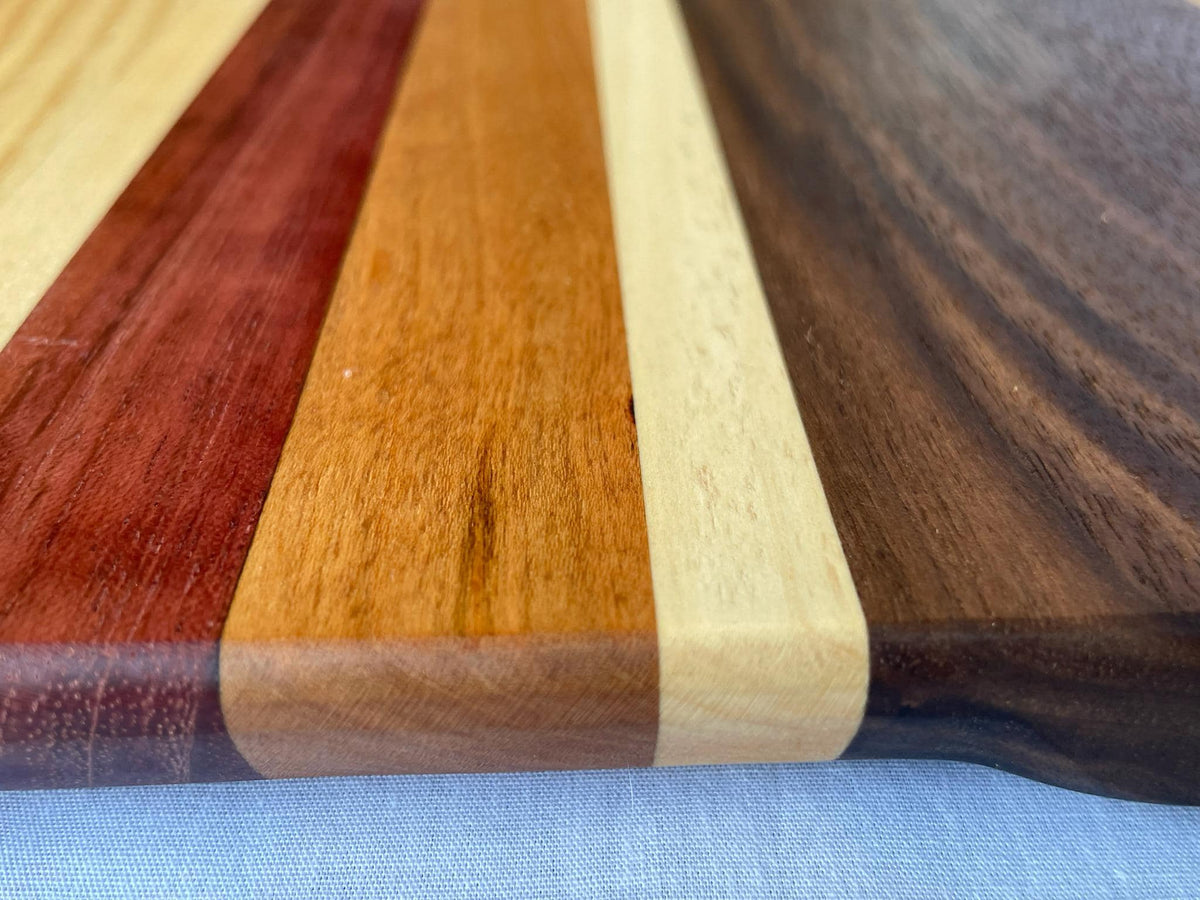 Charcuterie Board with Purple Heart, Walnut and Cherry, Handmade Six-Wood Serving Board for Cheese and Snacks, Made in the Netherlands